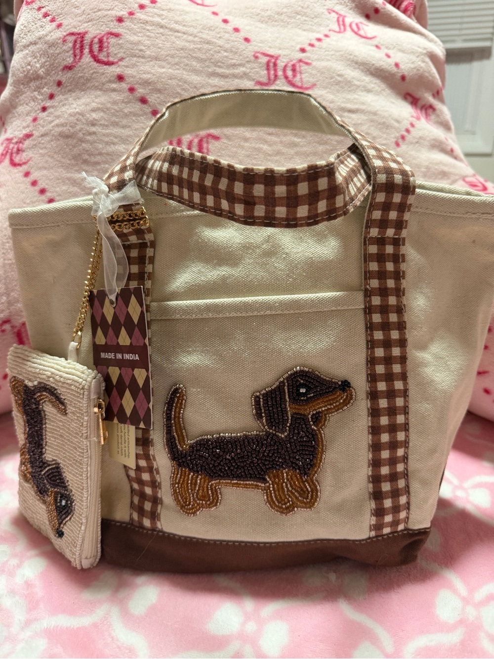 Canvas Dachshund Tote Bag in Cream and Brown - Handmade Accent